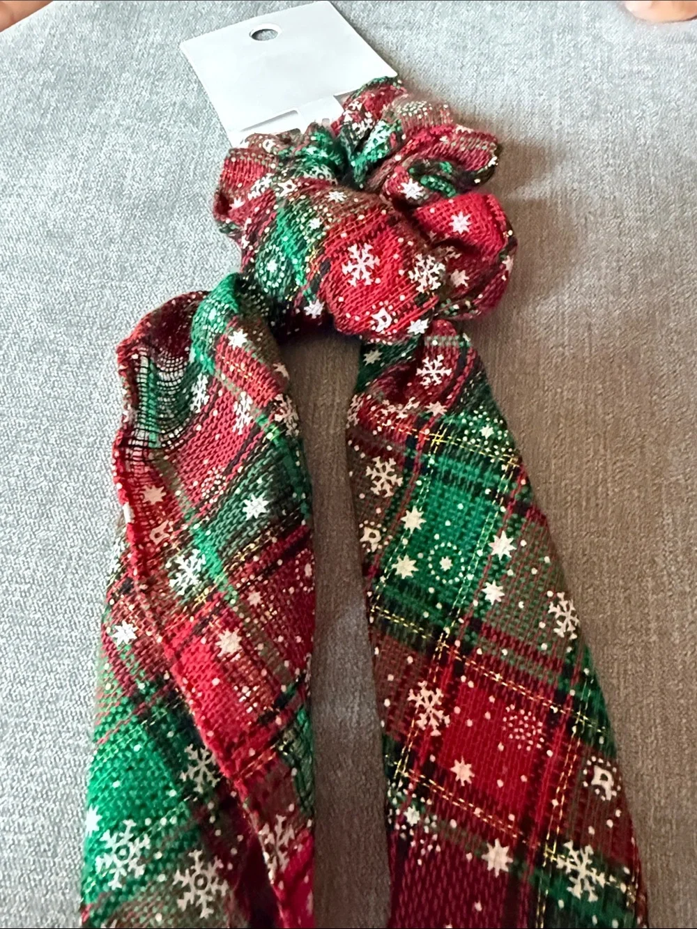 Holiday Plaid Bow Scrunchie with Tails - Red & Green